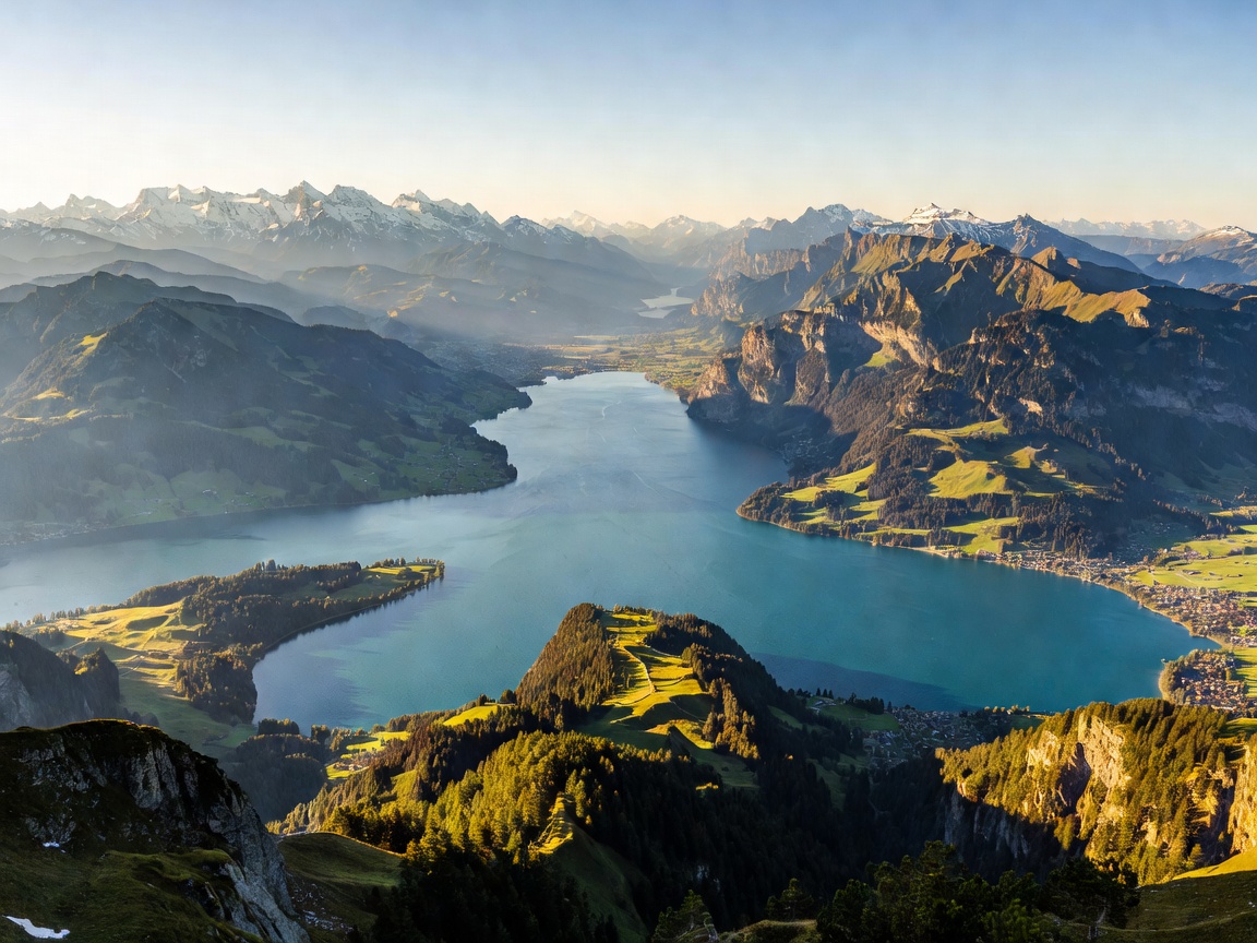 Expansive panorama from Mount Rigi looking down at the cross-shaped Lake Lucerne