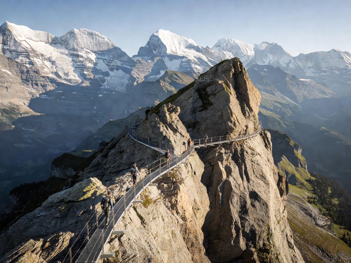 Grindelwald First cliff walk winding around rocky cliffs with mountain backdrop