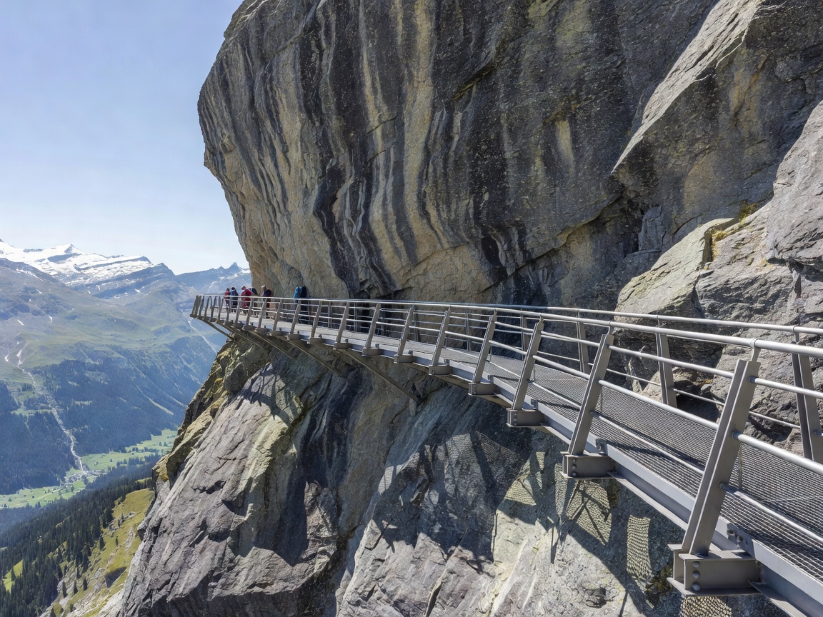 Metal cliff walk structure wrapping around a sheer rock face at Grindelwald First