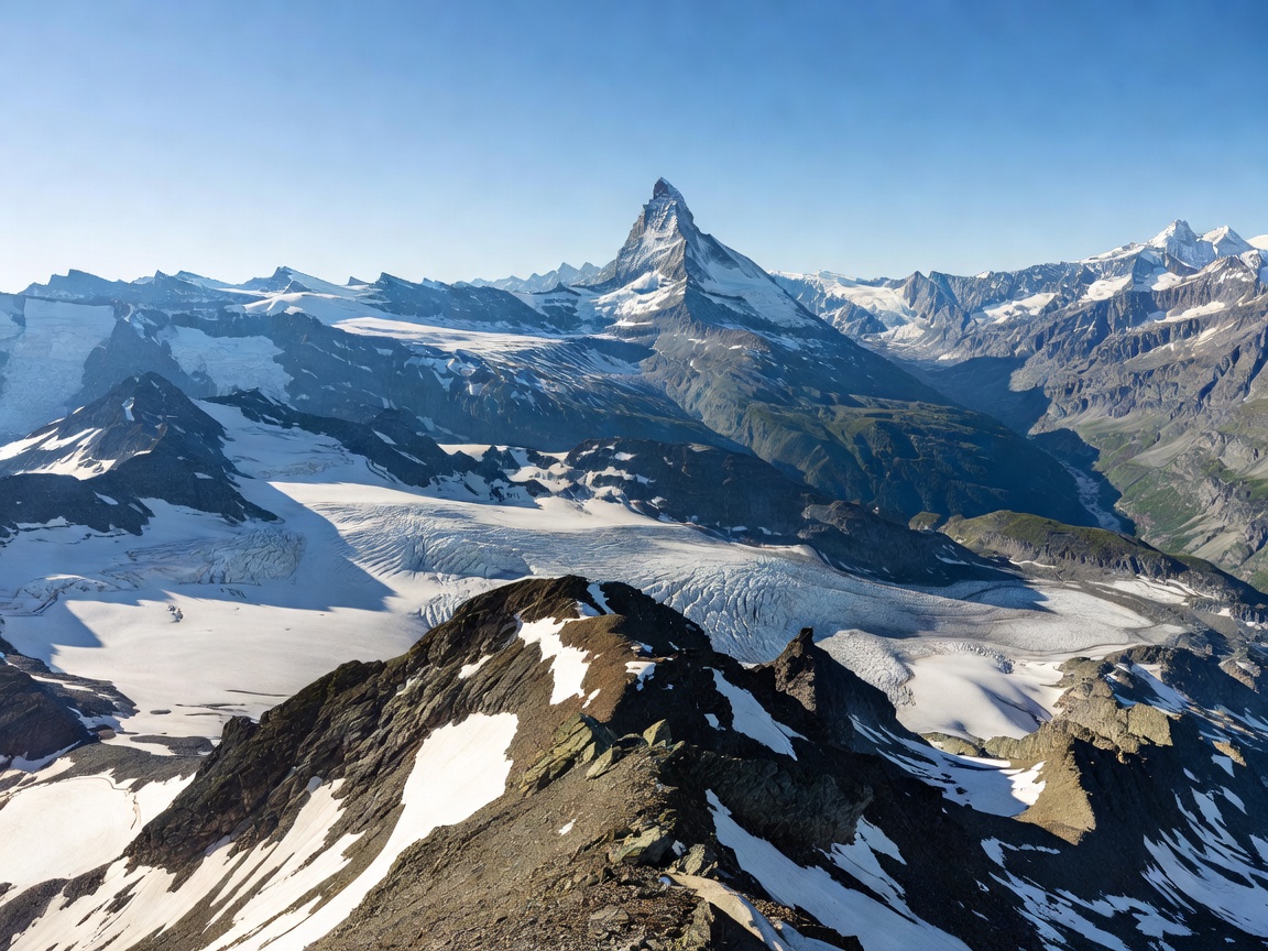 Mountain peak of Gornergrat showing the Matterhorn in the distance
