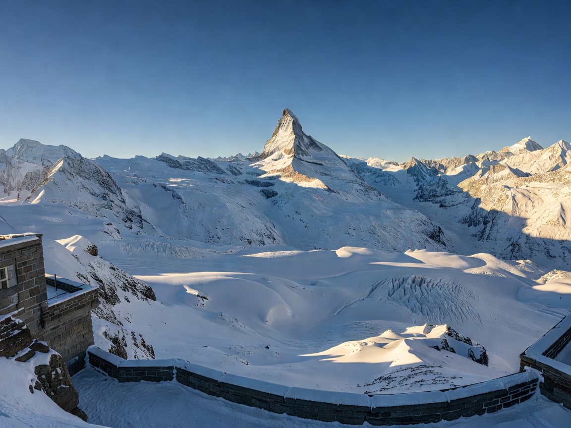 Wide view from the Gornergrat observatory looking towards the Matterhorn peak